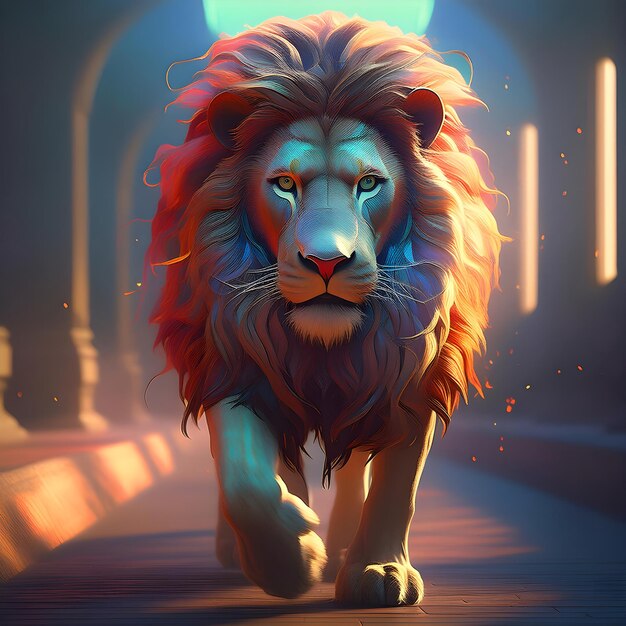 a lion with a blue and red mane walks down a dark road