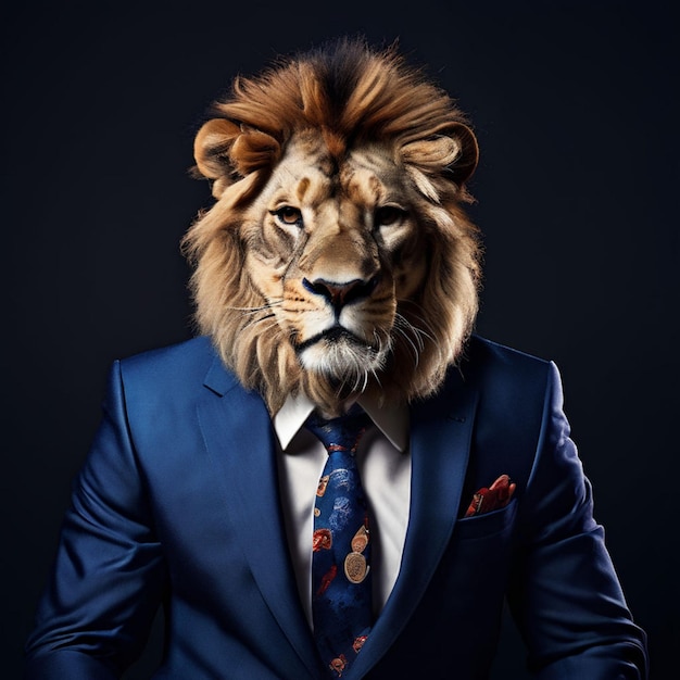 Photo a lion with a blue suit and a tie that says lion on it