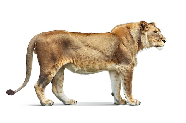 a lion with a brown mane walks on a white background