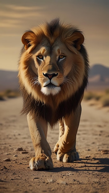 A lion with a brown patch on its chest is walking in the desert