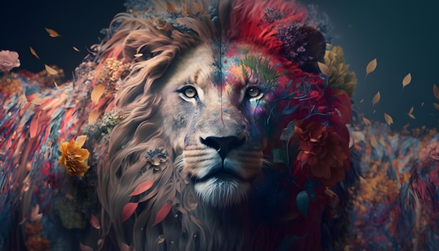 A lion with a colorful mane and flowers on it