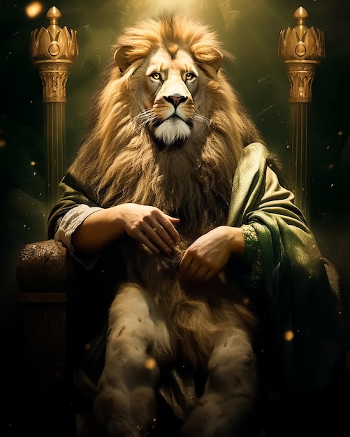 A lion with a crown on his head sits in a throne