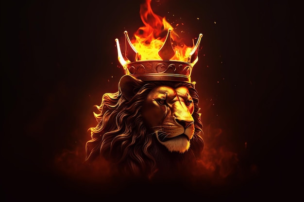 A lion with a crown on his head with fire on a background