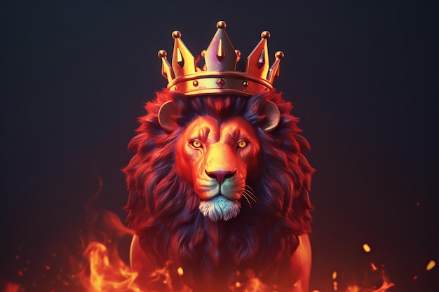 A lion with a crown on its head stands in flames