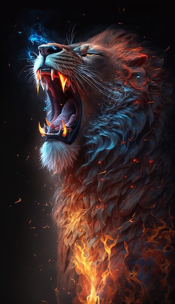 A lion with flames on his face