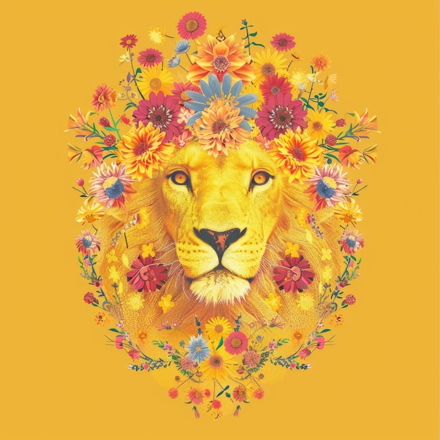 Photo lion with floral crown a colorful and vibrant image