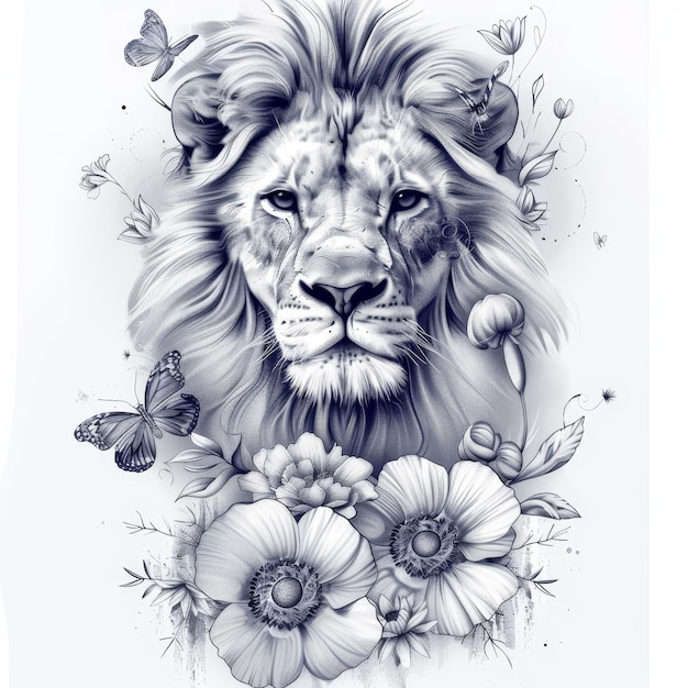 Lion with flowers and butterflies Handdrawn illustration Black and white