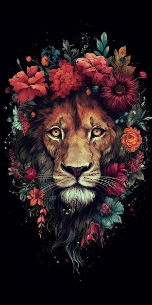 A lion with flowers in his hair