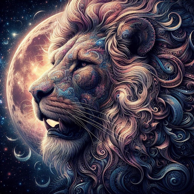 a lion with a full moon in the background