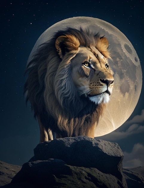 a lion with a full moon in the background