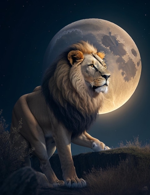 a lion with a full moon in the background