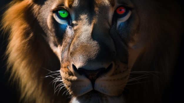 A lion with green eyes and a red eye