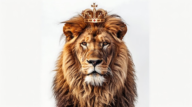 a lion with hairs and crown over his head showing power and isolated on white background