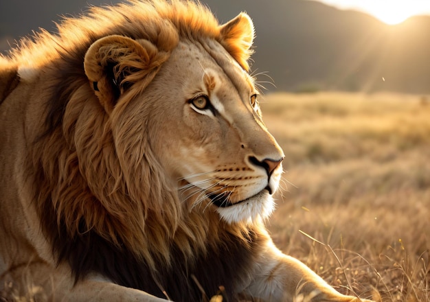 lion with imposing Strong lion lying on the ground with a beautiful sunsetlook