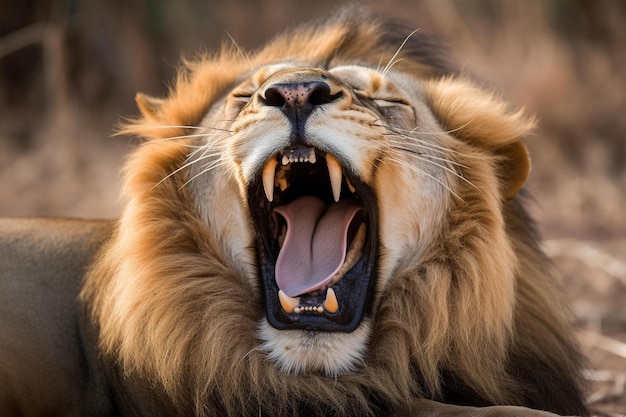 A lion with its mouth open and its mouth open.