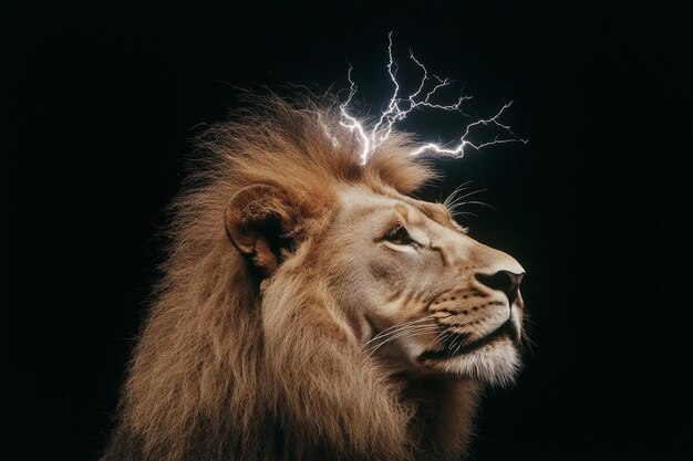 Photo a lion with lightning on his head