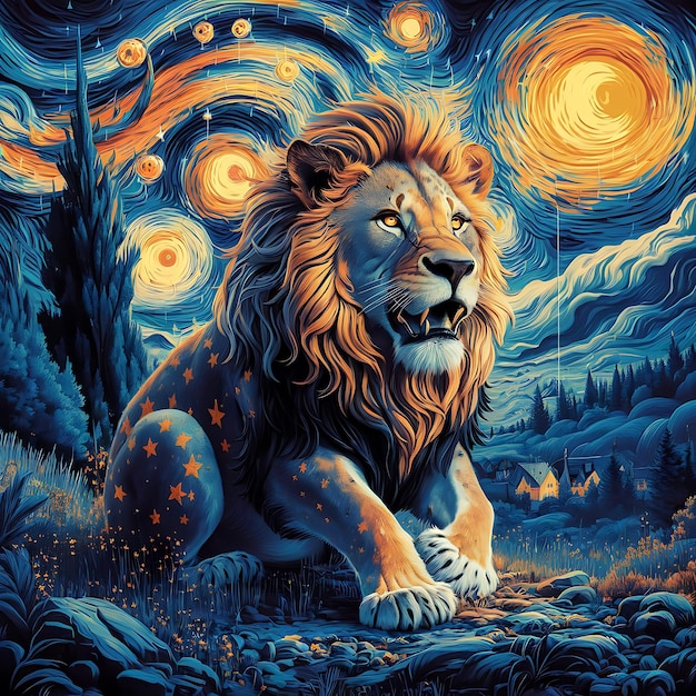 a lion with a lion on it and the stars in the background