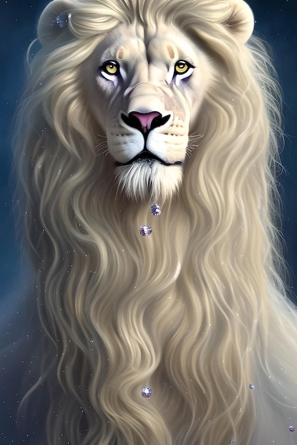 A lion with a long mane and purple eyes.