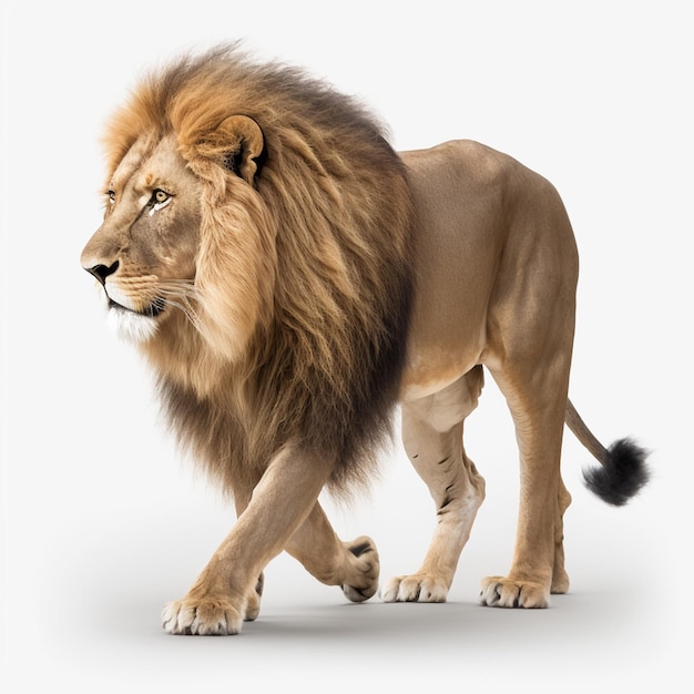 A lion with a mane and a black tail