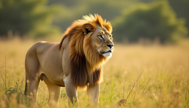 a lion with a mane stands in the grass