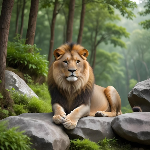 a lion with a mane that is sitting on some rocks