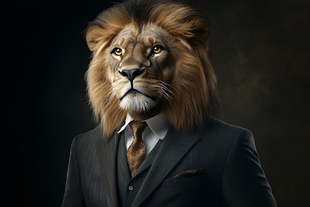 A lion with a mane wearing a suit tie and pocket square