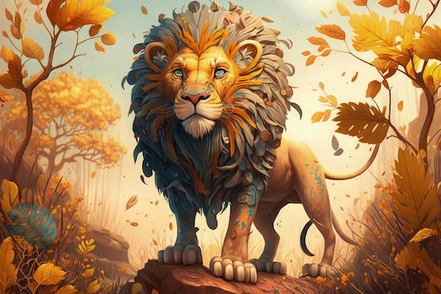 A lion with a mane and yellow leaves on it