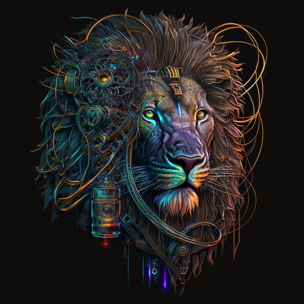 A lion with a mechanical device on his head