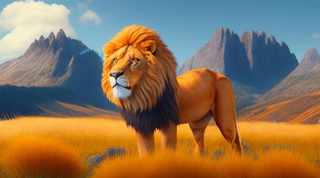 A Lion with a orange tusk stands in a field with mountains in the background