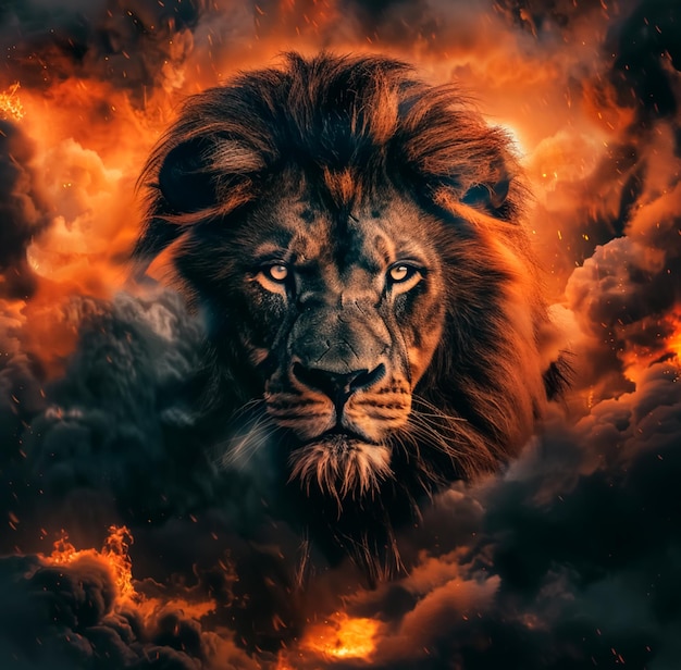 A lion with piercing eyes amid smoke in a desert