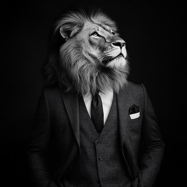 a lion with a pocket square on his chest is wearing a suit and a tie