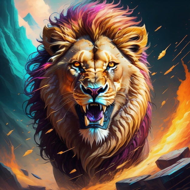 A lion with a purple mane and purple eyes is shown with flames and smoke coming out of it.