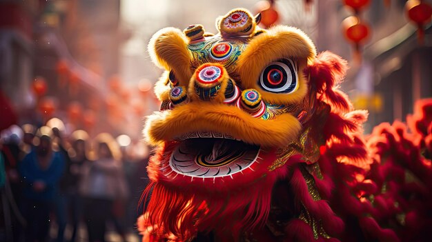 a lion with a red nose and a large red dragon head.