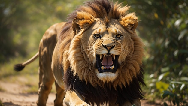 a lion with a sharp teeth is standing on a dirt path