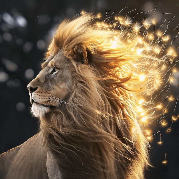 a lion with the sun shining on its head