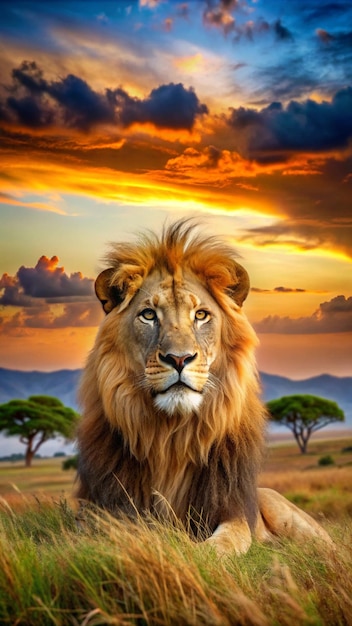 a lion with a sunset in the background