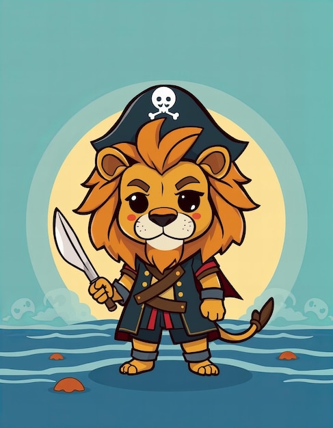 a lion with a sword and a pirate hat is standing in the water