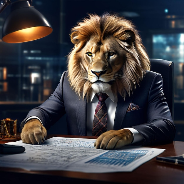 Photo a lion with a tie is sitting at a desk with a lamp behind it