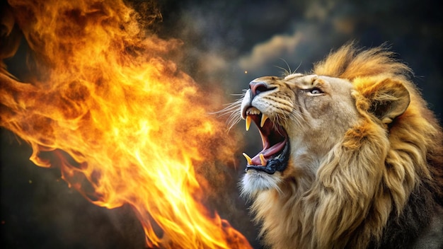 Photo a lion with a tiger in the background with the words  fire  on the side