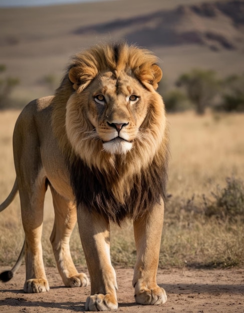 Photo a lion with a white stripe on its neck stands in a field