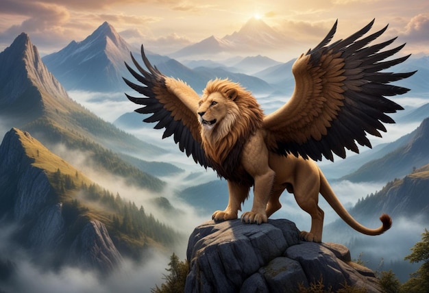 lion with wings standing on top of a rock