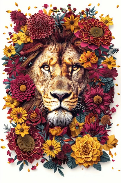 Photo lion39s face framed by autumnal flowers