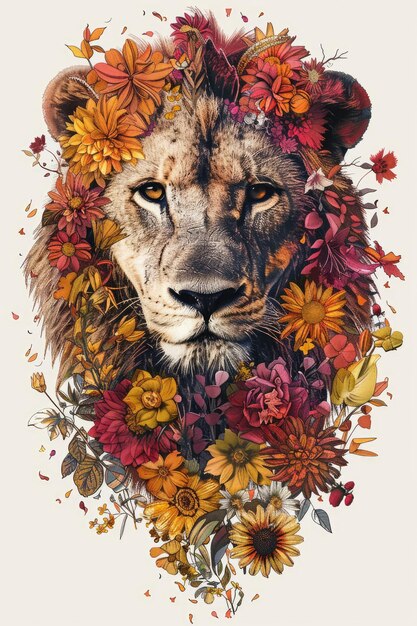 Photo lion39s head surrounded by autumnal flowers