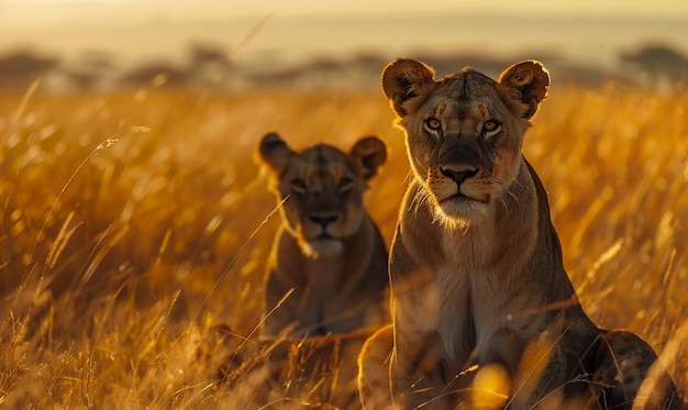 a lioness and cub are in the grass