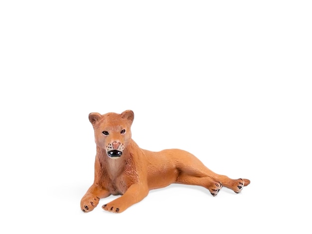 A lioness figure animal that is laying down on a white background