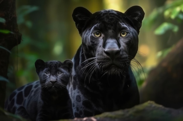 A lioness and her cub are looking at the camera.