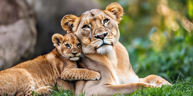 Photo lioness and her cub resting in the sun