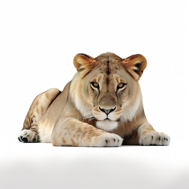 A lioness is laying down and looking at the camera.