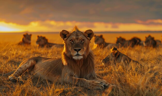 a lioness is laying in the grass with other lions