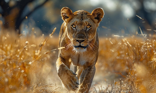 a lioness is running through the grass in a field